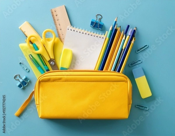 Fototapeta back to school concept flat lay top view on yellow full pencil case with pencils and pens notepad scissors isolated on pastel blue background