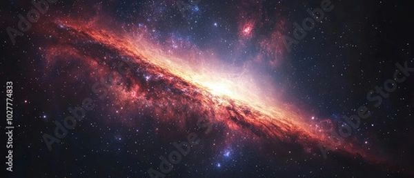 Fototapeta A vivid display of an interstellar galaxy, bursting with radiant energy and light, illustrating the dynamic forces and beauty of the universe beyond our reach.