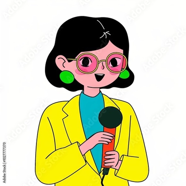 Obraz Female Journalist Holding a Microphone in Bright Style