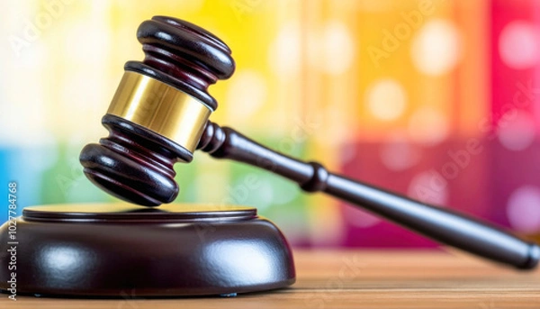 Fototapeta Judge gavel resting on sound block in front of rainbow colored background