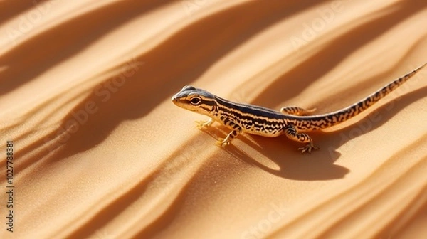 Fototapeta A small lizard with striped skin perches on the sand dunes of an arid desert landscape