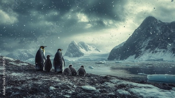 Fototapeta Emperor Penguins with Chicks on Antarctic Shoreline