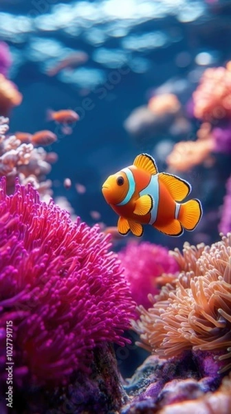 Fototapeta Clownfish in Vibrant Coral Reef with Colorful Sea Anemones