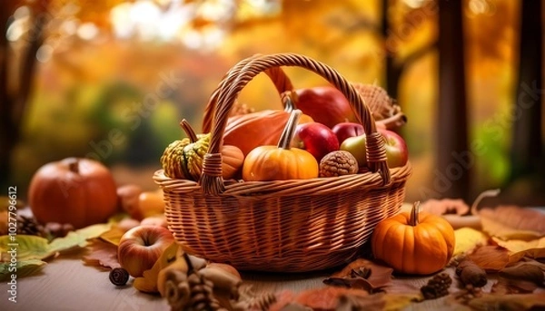 Fototapeta A wicker basket overflowing with pumpkins and fresh apples amidst autumn leaves in a scenic outdoor setting. Generative AI