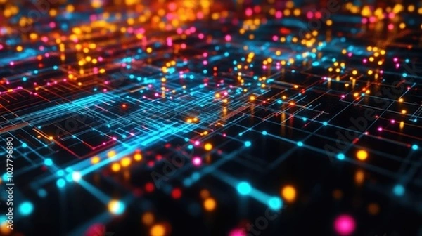 Fototapeta Complex high-tech technology connections with glowing nodes and vibrant data streams