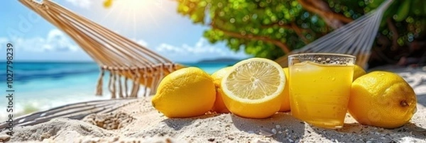 Obraz Refreshing lemonade and lemons on a sunny beach with hammocks and turquoise waters