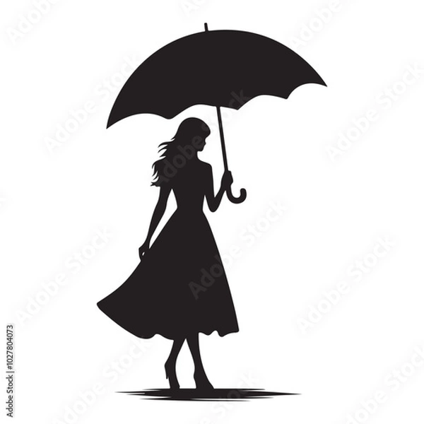 Fototapeta A man holding an umbrella silhouette vector art illustration design black color white background