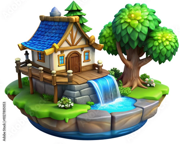 Fototapeta Rustic Floating Cottage with Waterfall and Tree