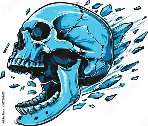 Obraz Exploding Blue Cracked Skull Vector with Open Mouth – Dynamic and Detailed Design