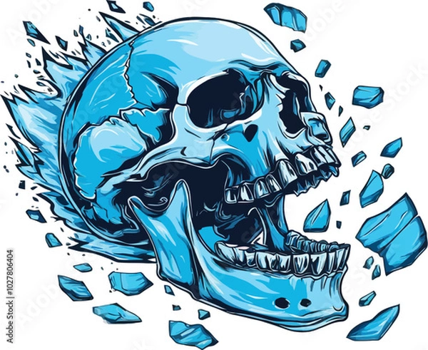 Obraz Exploding Blue Cracked Skull Vector with Open Mouth – Dynamic and Detailed Design