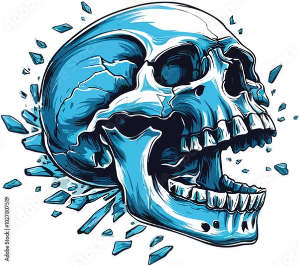 Obraz Exploding Blue Cracked Skull Vector with Open Mouth – Dynamic and Detailed Design