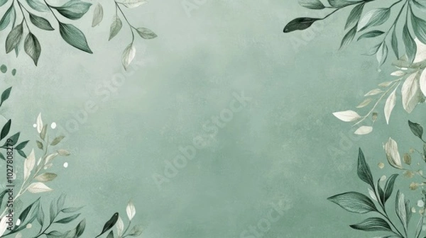 Fototapeta Green background with delicate leaf illustrations, creating a nature-inspired and elegant design