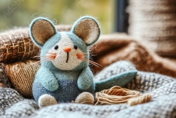 Fototapeta Charming handmade catnip-stuffed mouse toy sitting on a knitted blanket