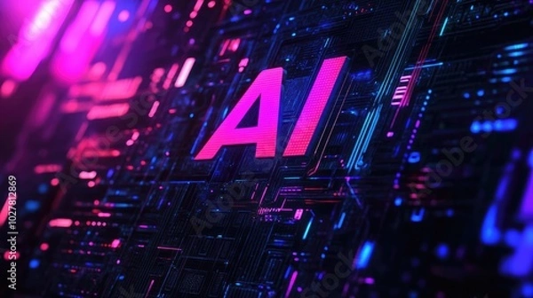 Fototapeta Innovative logo with "AI" in a cutting-edge typeface, complemented by abstract digital effects and a vibrant backdrop