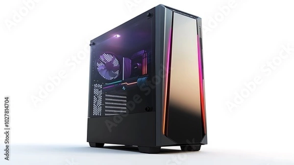 Obraz A black computer case with red lights and a fan.

