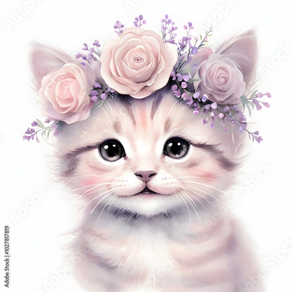 Fototapeta little kitten with pink rose
