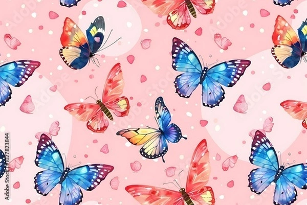 Fototapeta A group of butterflies on a pink background
