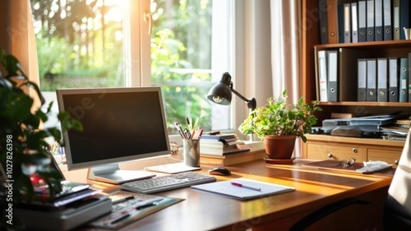 Fototapeta Modern home office workspace with computer and plants for productivity and inspiration