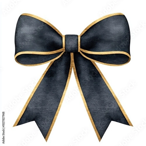 Fototapeta Black ribbon bow with gold edges on a white isolate background.