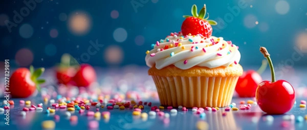 Obraz A delicious cupcake sits prominently on a blue surface, adorned with fluffy frosting, a cherry, and vibrant sprinkles. Colorful candies are spread around it, enhancing its appeal
