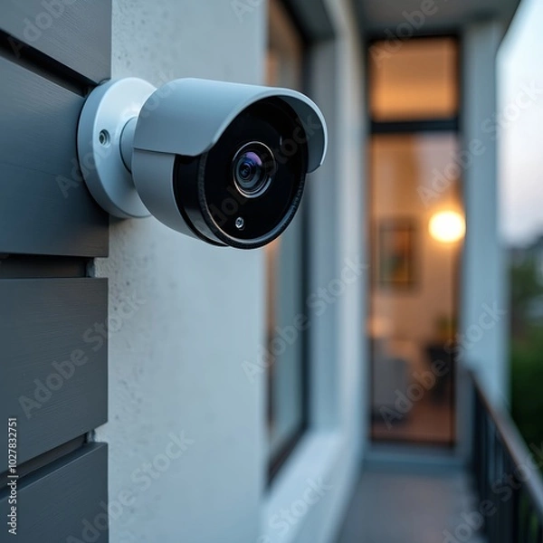 Obraz Close-up of security camera mounted on wall in front of modern residential home, outdoor surveillance system.