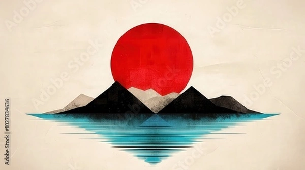 Fototapeta Stylized mountains silhouette with a large red sun reflection on water.