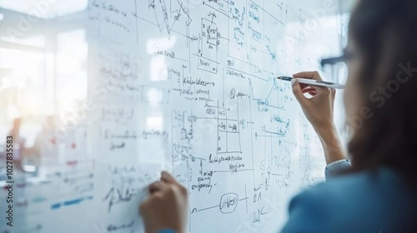 Fototapeta Close-up of mathematical diagrams and calculations on a whiteboard with an engineering student presenting findings