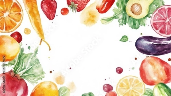 Fototapeta Watercolor Illustration of Fresh Fruits and Vegetables Arranged in a Circular Frame
