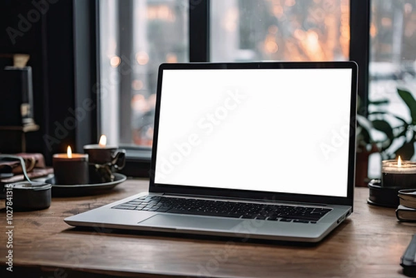 Fototapeta Laptop with a white screen mock up on table in the office of Christmas decor with bokeh lights, candles, overtime work on holidays, home office, Black Friday,. 