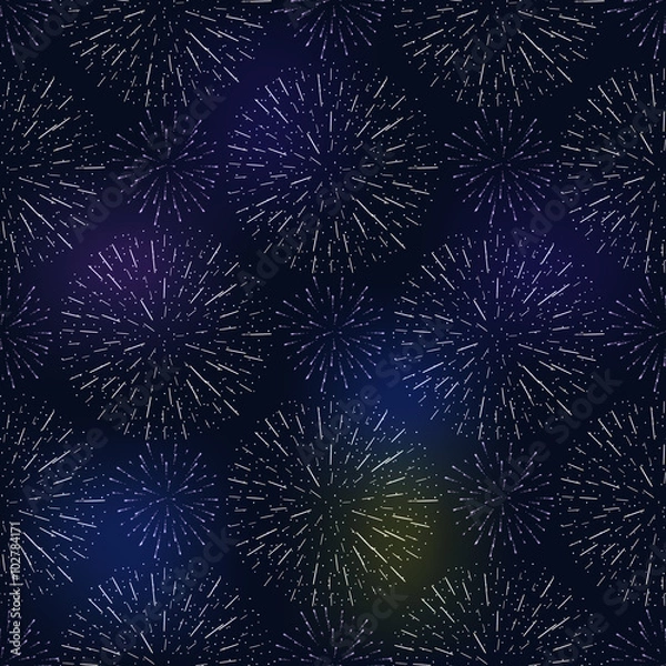 Fototapeta festive birthday firework seamless pattern bursting in various shapes sparkling on black background vector