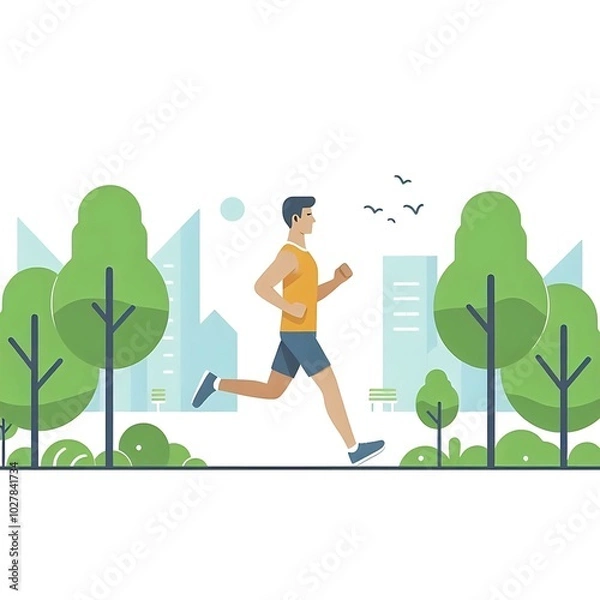Obraz Flat-style illustration of a man jogging through a park. Ideal for fitness, outdoor, and healthy lifestyle-themed designs. Simple and energetic composition, perfect for promoting physical activity. 
