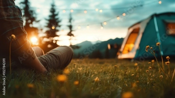 Fototapeta Person relaxing in a green meadow amid vibrant wildflowers next to a campsite bathed in the warm glow of string lights, symbolizing peace and contentment in nature.