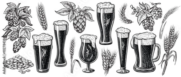 Obraz A detailed vector illustrations of a beer glasses with hops and wheat ears in a vintage style. The black and white beer set.
