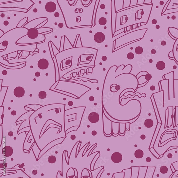 Fototapeta Seamless background with funny faces of anthropomorphic creatures. Humorous characters with different emotion