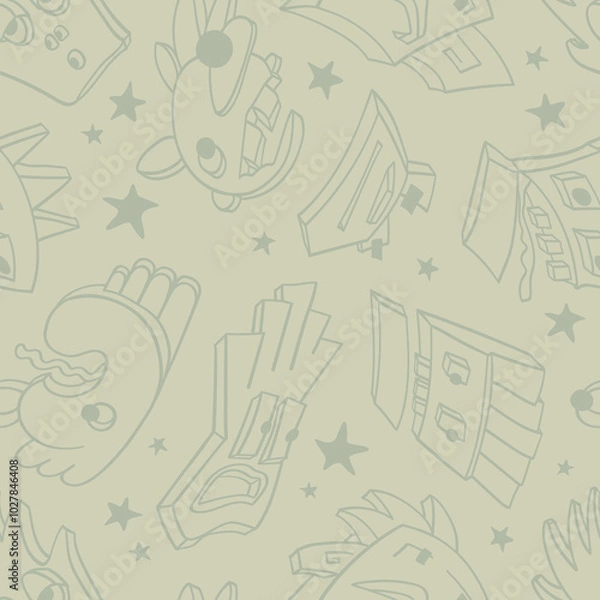 Fototapeta Seamless background with funny faces of anthropomorphic creatures. Humorous characters with different emotion