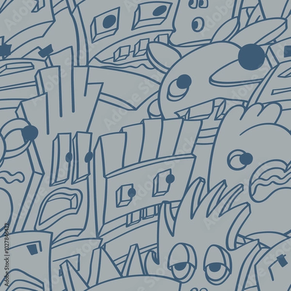 Fototapeta Seamless background with funny faces of anthropomorphic creatures. Humorous characters with different emotion