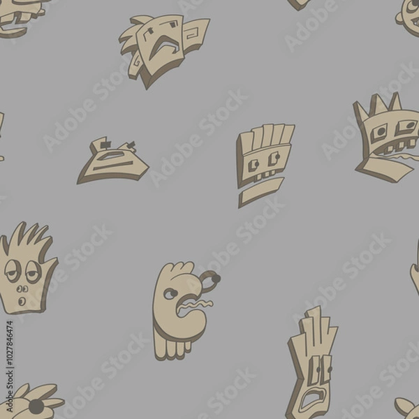 Fototapeta Seamless background with funny faces of anthropomorphic creatures. Humorous characters with different emotion