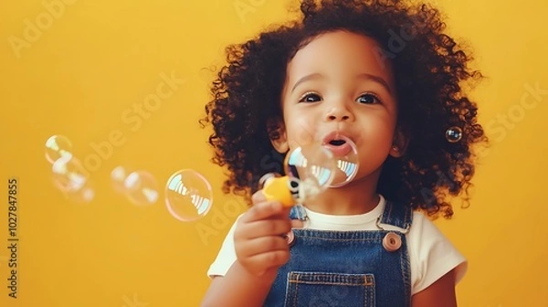 Obraz Portrait of a charming little black girl with curly hair in overalls, playfully blowing bubbles, her eyes sparkling with delight.