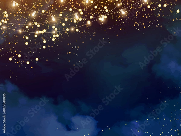 Obraz Magic night dark blue frame with sparkling glitter bokeh and light art. Square vector wedding card. Gold confetti and navy background. Golden scattered Christmas dust. Fairytale magic star template