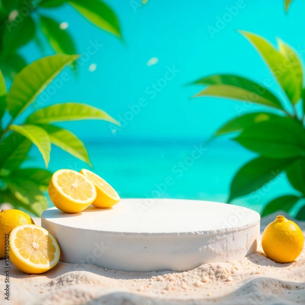 Fototapeta Lemon with slices on podium for your product, against beautiful background