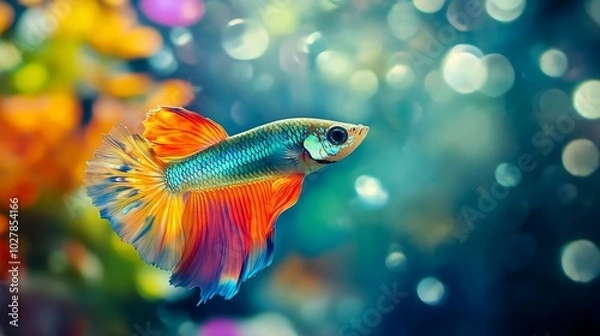 Fototapeta 
A colorful betta fish, orange and blue, swims in a blurry coral reef tank.

