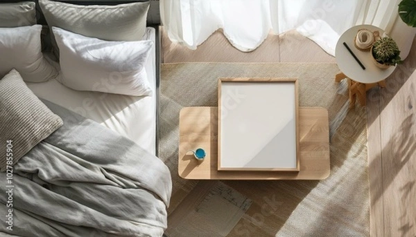 Fototapeta Mock up frame in cozy home interior background, coastal style bedroom, 3d render