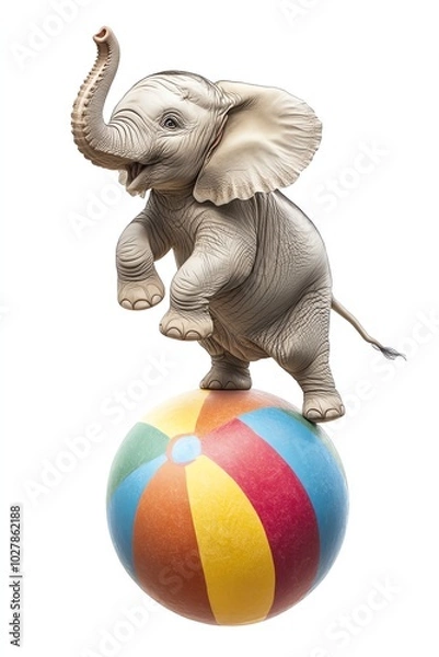 Fototapeta A playful elephant balancing on a colorful beach ball, showcasing fun and joy in a whimsical circus atmosphere.