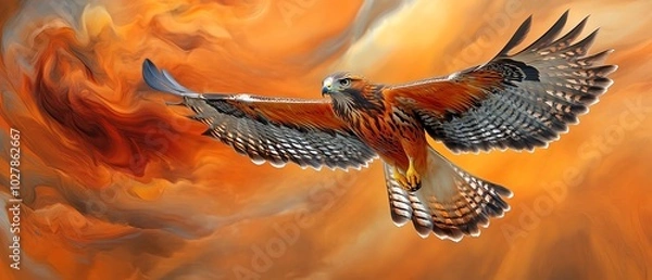 Fototapeta A majestic hawk soaring through a dramatic orange sky, showcasing its powerful wings and vibrant plumage, symbolizing freedom and strength.