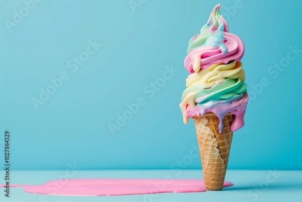 Fototapeta Ice cream cone with colorful ice cream on blue background. Summer concept.