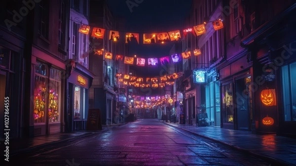 Fototapeta An empty city street at night, with Halloween banners strung between buildings