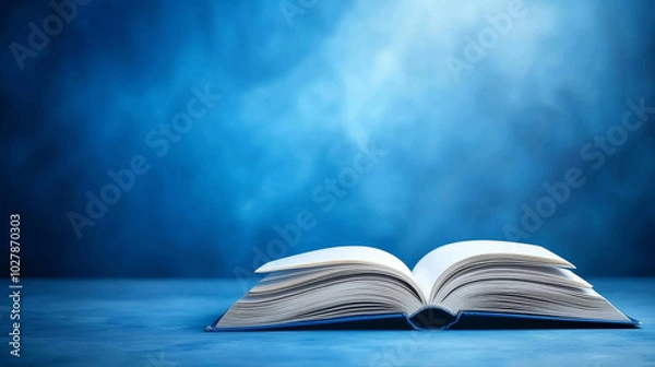 Fototapeta An open book on a textured blue background, symbolizing knowledge and imagination.