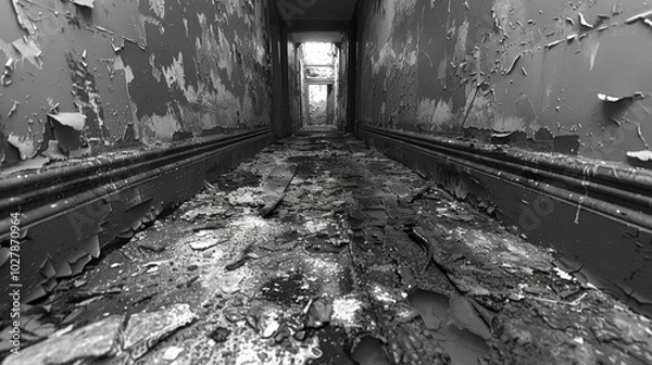 Obraz A dilapidated hallway reveals years of neglect with peeling paint and debris-covered floors in a hauntingly abandoned building interior