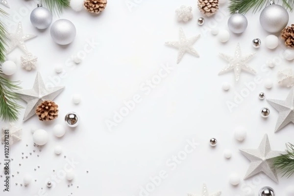 Obraz Christmas decoration on white background. Top view with copy space.