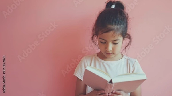 Fototapeta A young Latina girl is engrossed in reading a colorful book while relaxing on a comfortable couch. Sunlight fills the spacious living room creating a warm atmosphere